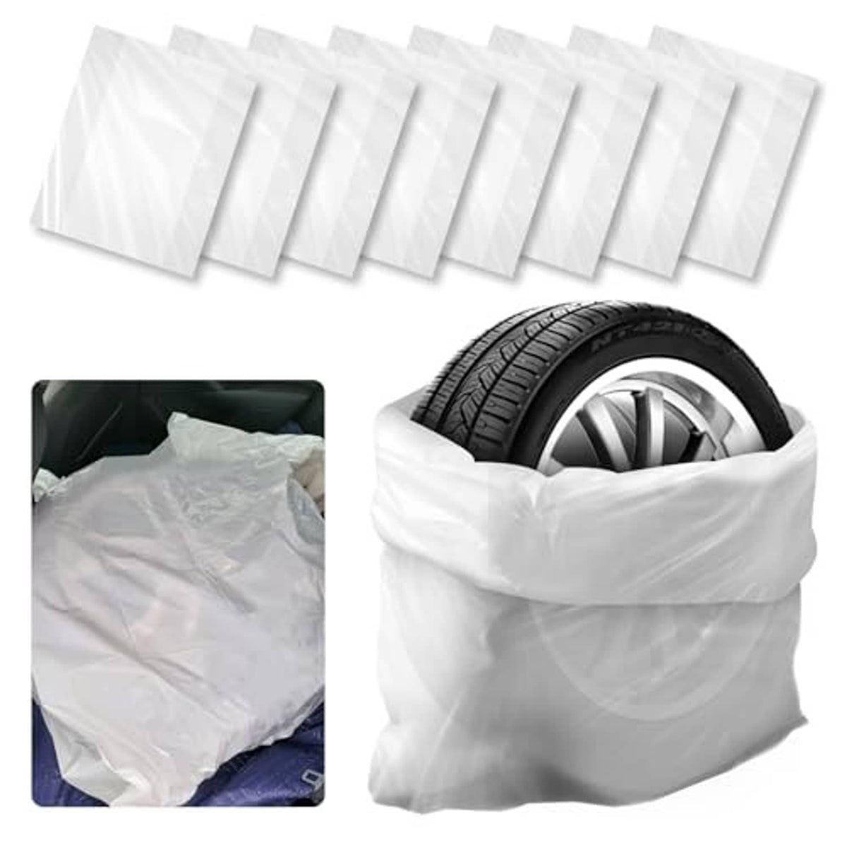 White LDPE tire storage bags with a covered tire, folded wrap around tread