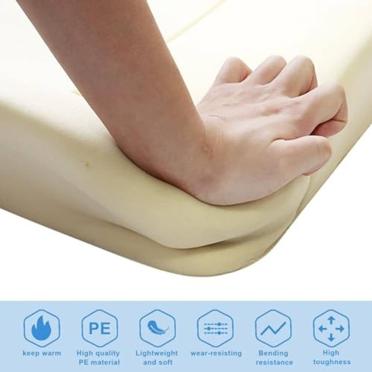 Light beige seat foam cushion with smooth surface, hands holding the corner