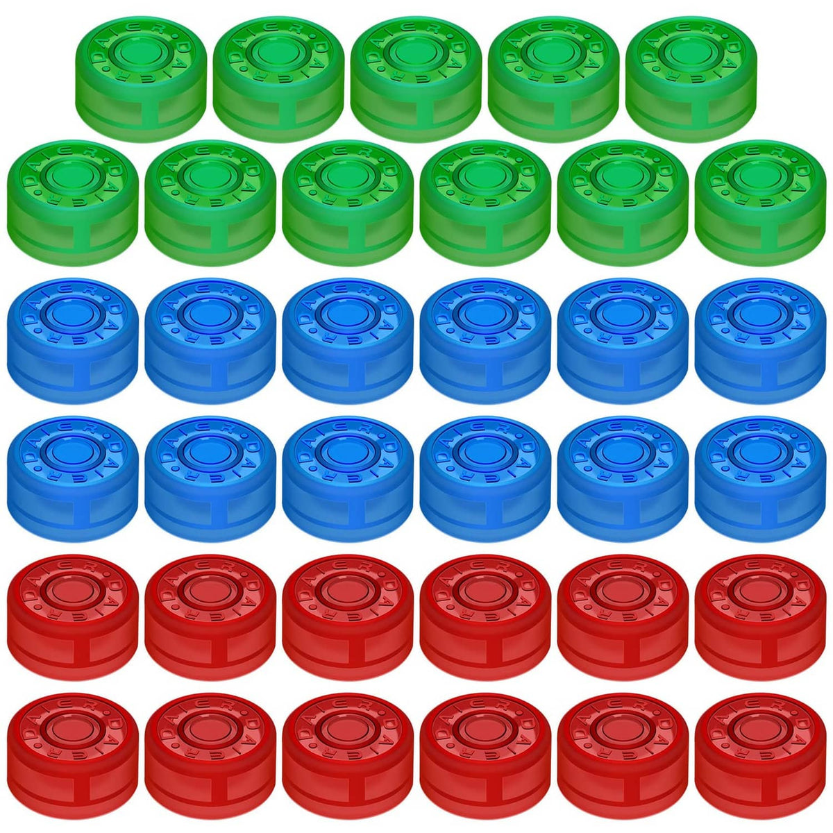 Glow-in-the-dark footswitch topper buttons, assorted green, blue, and red caps