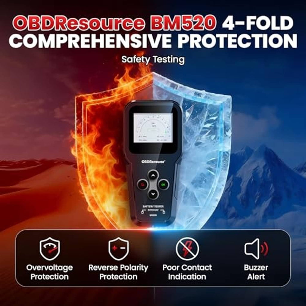 Handheld car battery tester with LCD screen and safety indicator graphics
