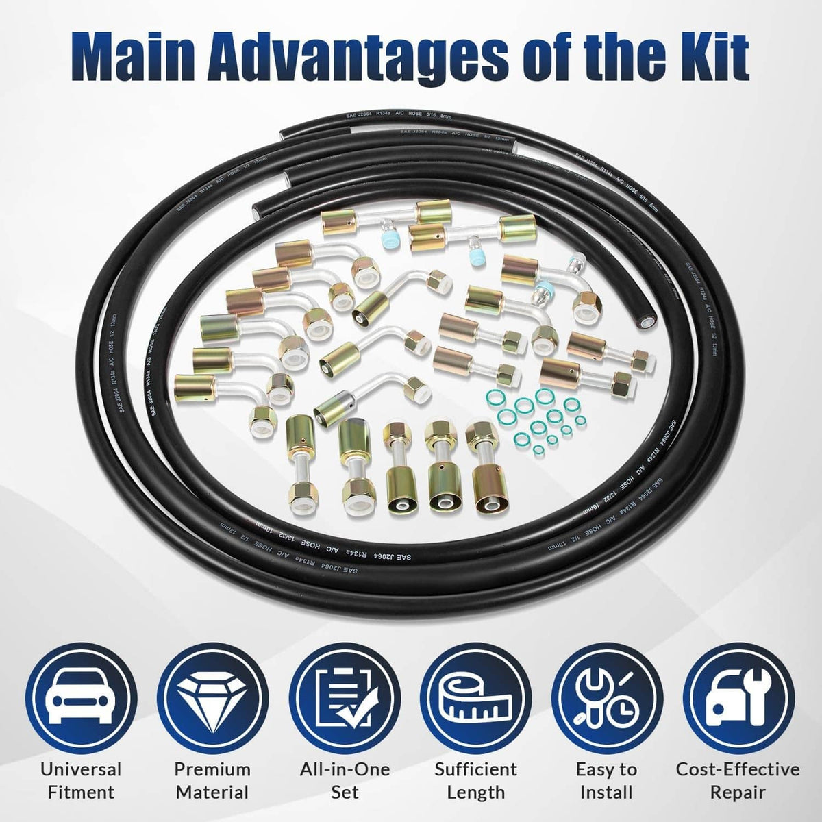 Air conditioning hose kit with coiled black hoses, connectors, and blue-green sealing washers