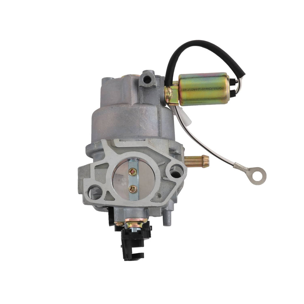 Carburetor assembly with gray housing, fuel solenoid, wires, and rainbow-colored cylinder