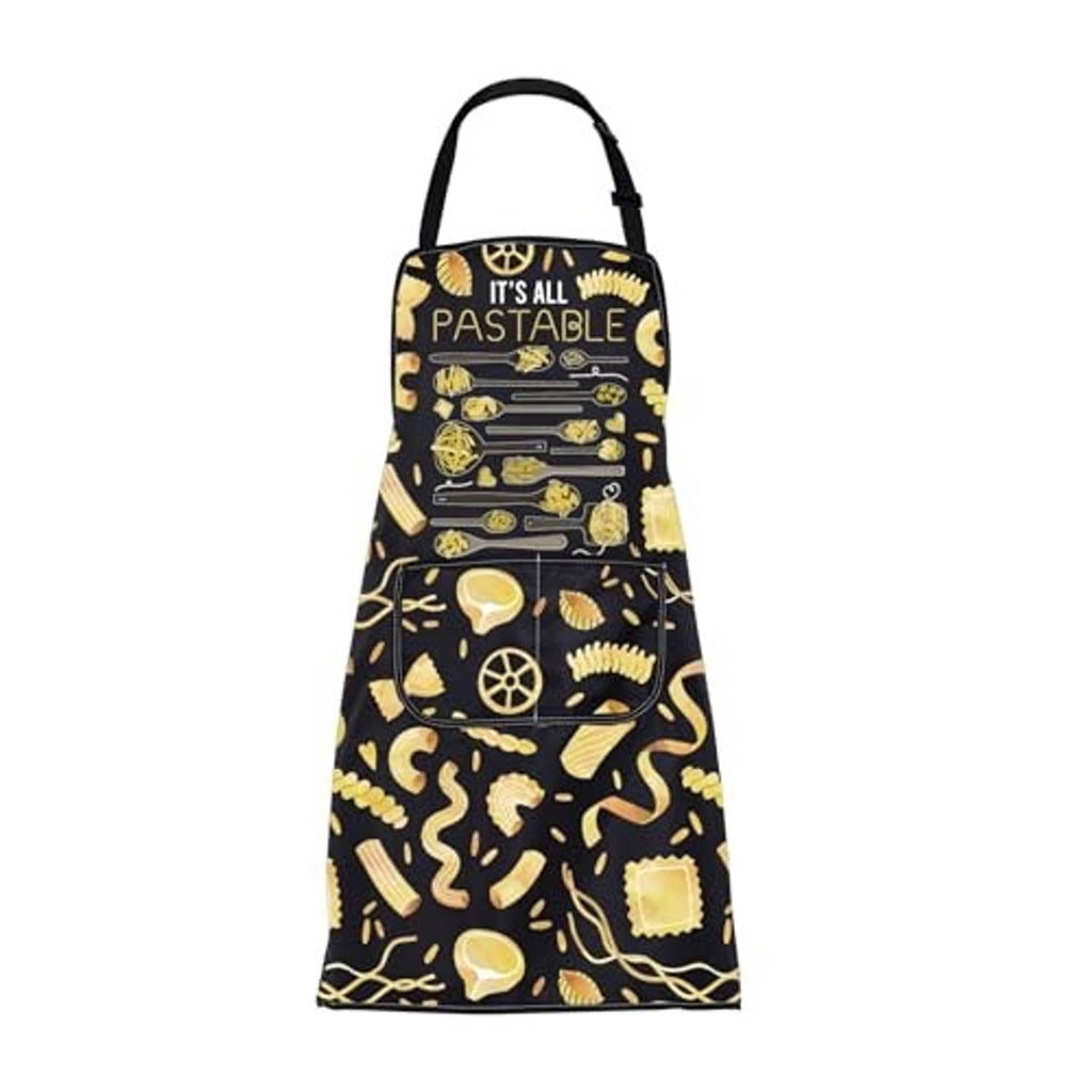 Black pasta graphic apron with 'IT'S ALL PASTABLE' text, adjustable neck strap