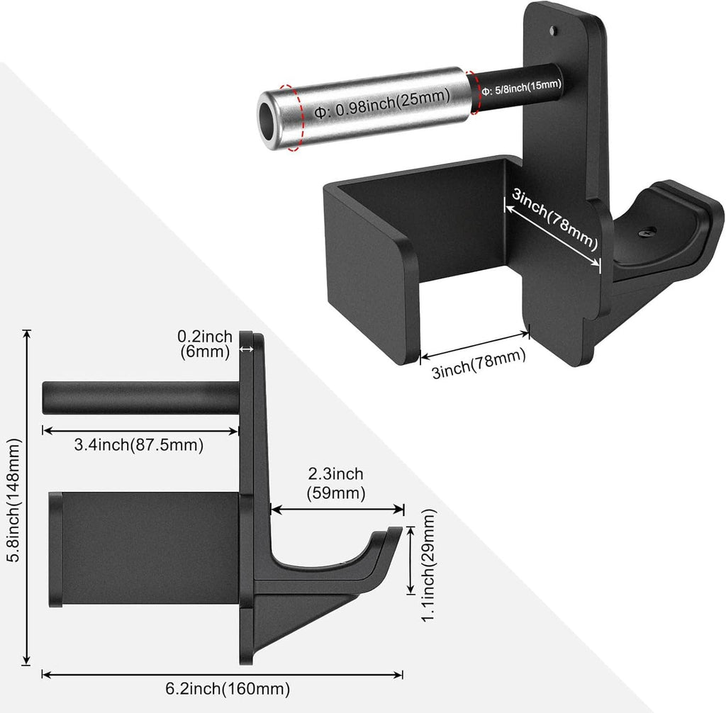 Black steel J-hooks with bar sleeve and cradle, shown with product size measurements