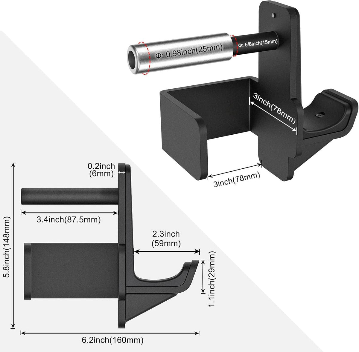 Black steel J-hooks with bar sleeve and cradle, shown with product size measurements