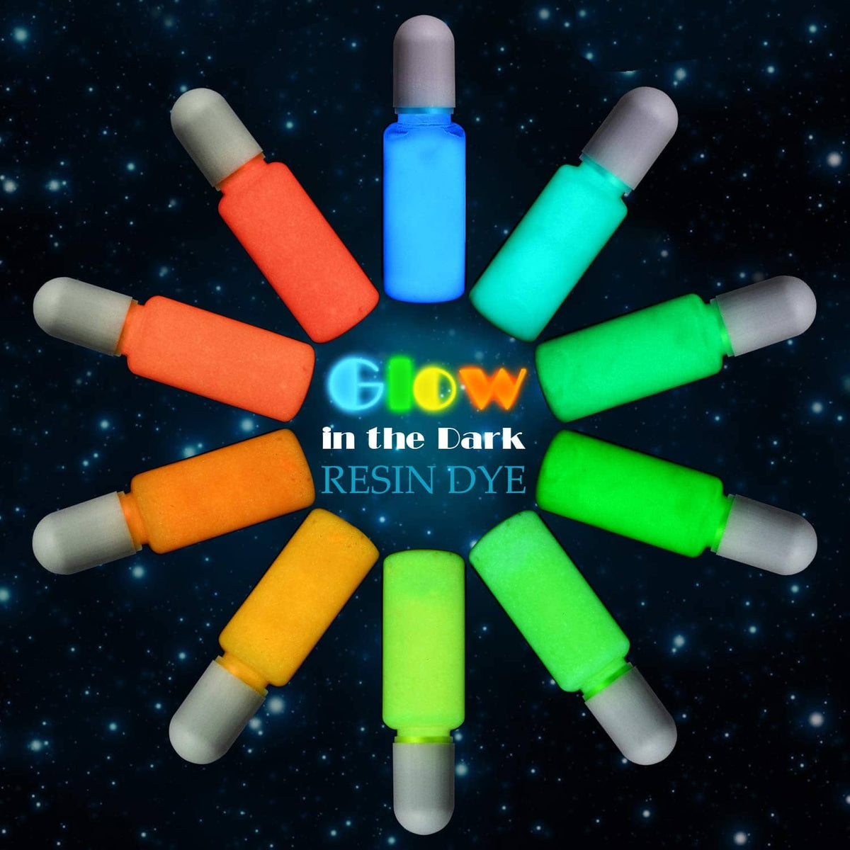 Assorted glow-in-the-dark resin dye bottles with blue, green, and orange colors