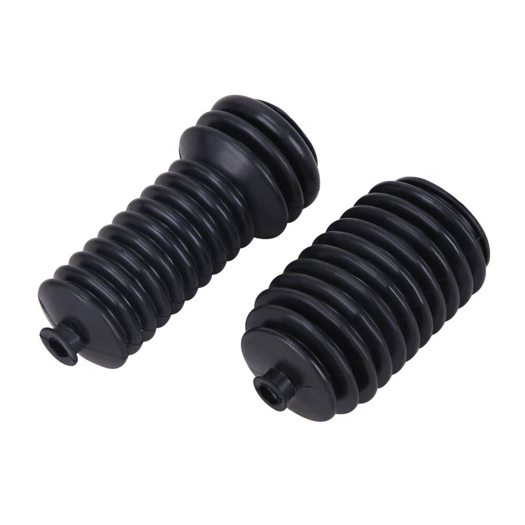 Black rubber steering rack boot pair angled view with ribbed accordion folds
