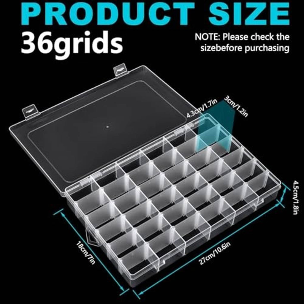 Clear 36-grid plastic organizer box with transparent hinged cover.