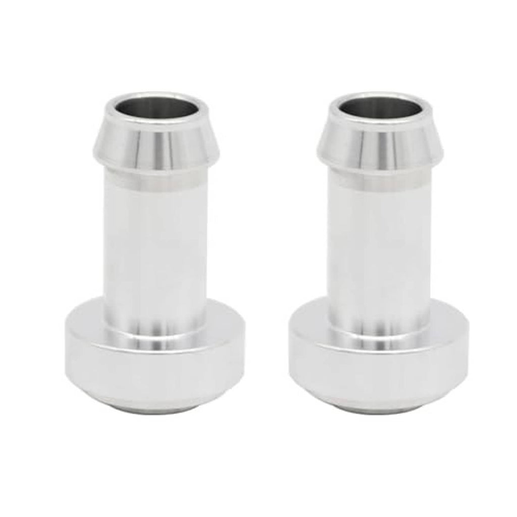 Pair of silver hose barb tail nipples with flared weld rims and dark inner bores