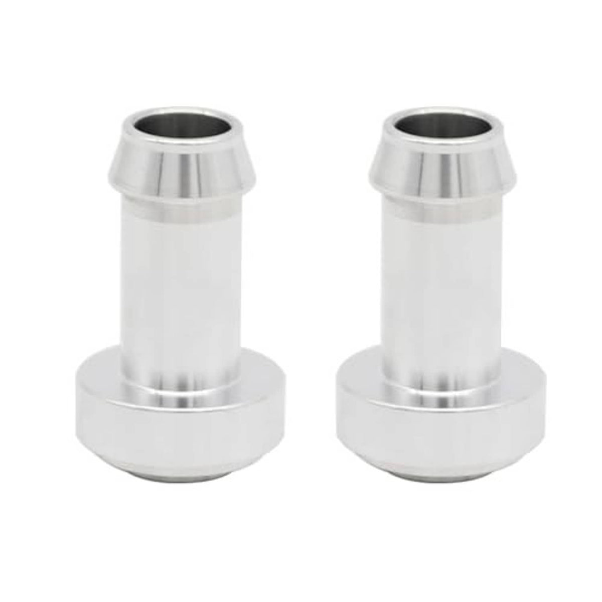 Pair of silver hose barb tail nipples with flared weld rims and dark inner bores