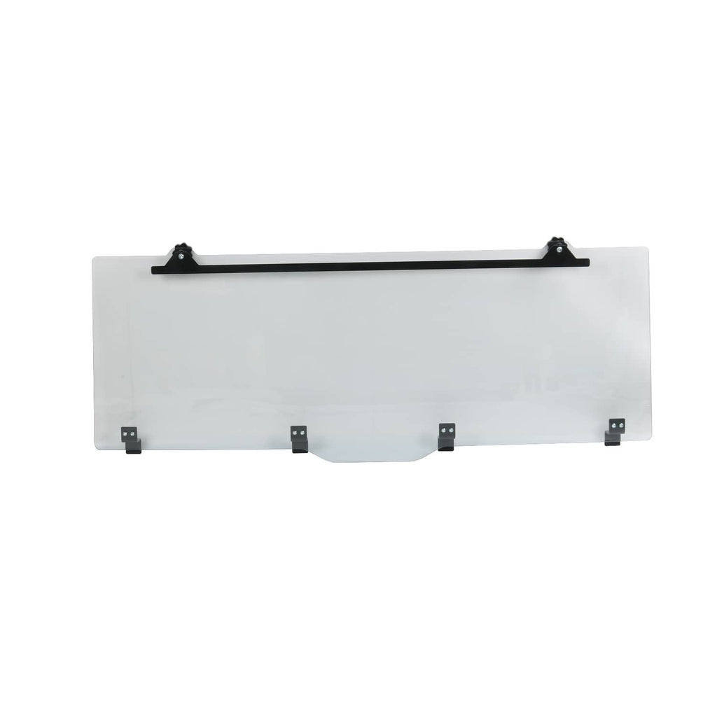 Rear sliding windshield window glass panel with black mounting hardware bar