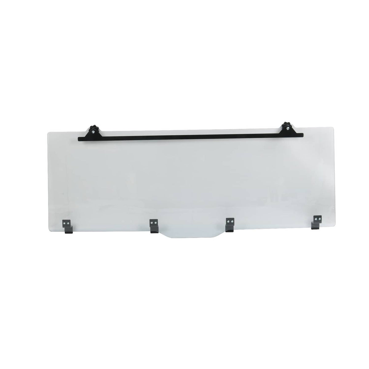 Rear sliding windshield window glass panel with black mounting hardware bar