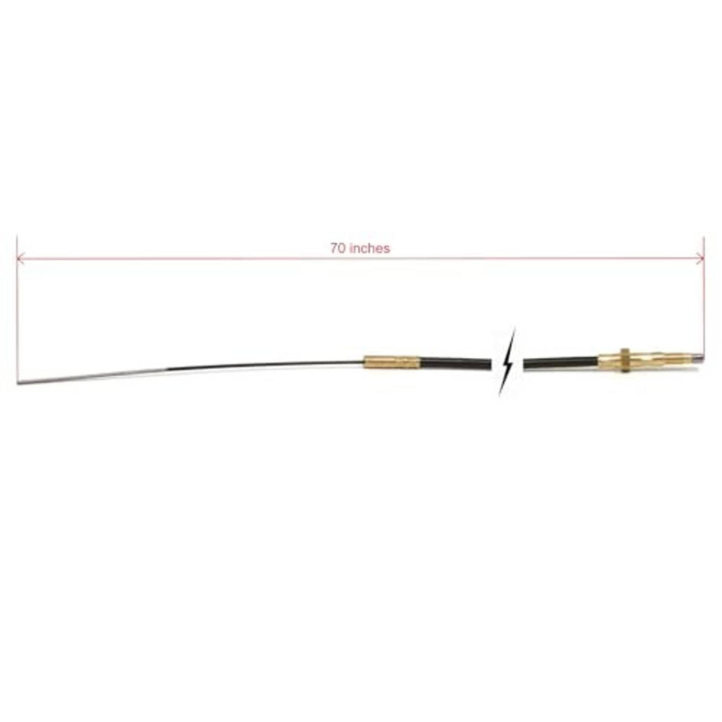 70-inch shift cable with metal terminals and inline brass connector.