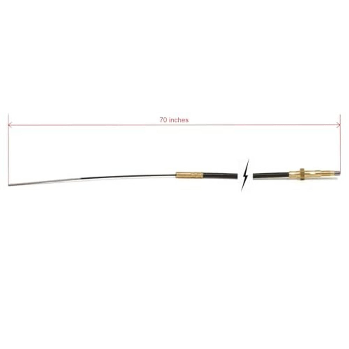 70-inch shift cable with metal terminals and inline brass connector.
