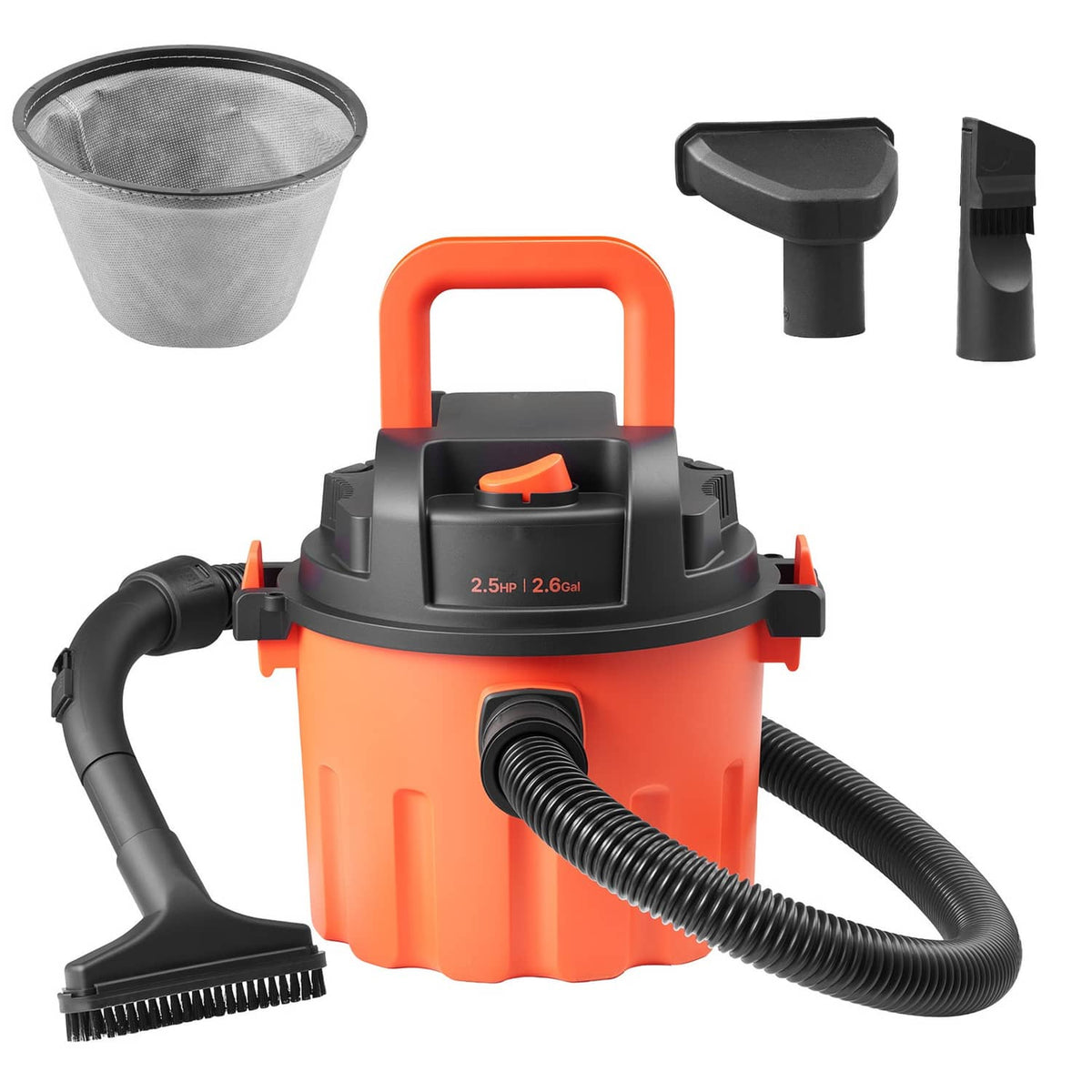 Orange and black portable shop vacuum with dust bin, hoses, and brush nozzle