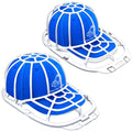 Hat washer frame set holding two blue baseball caps in white plastic washers