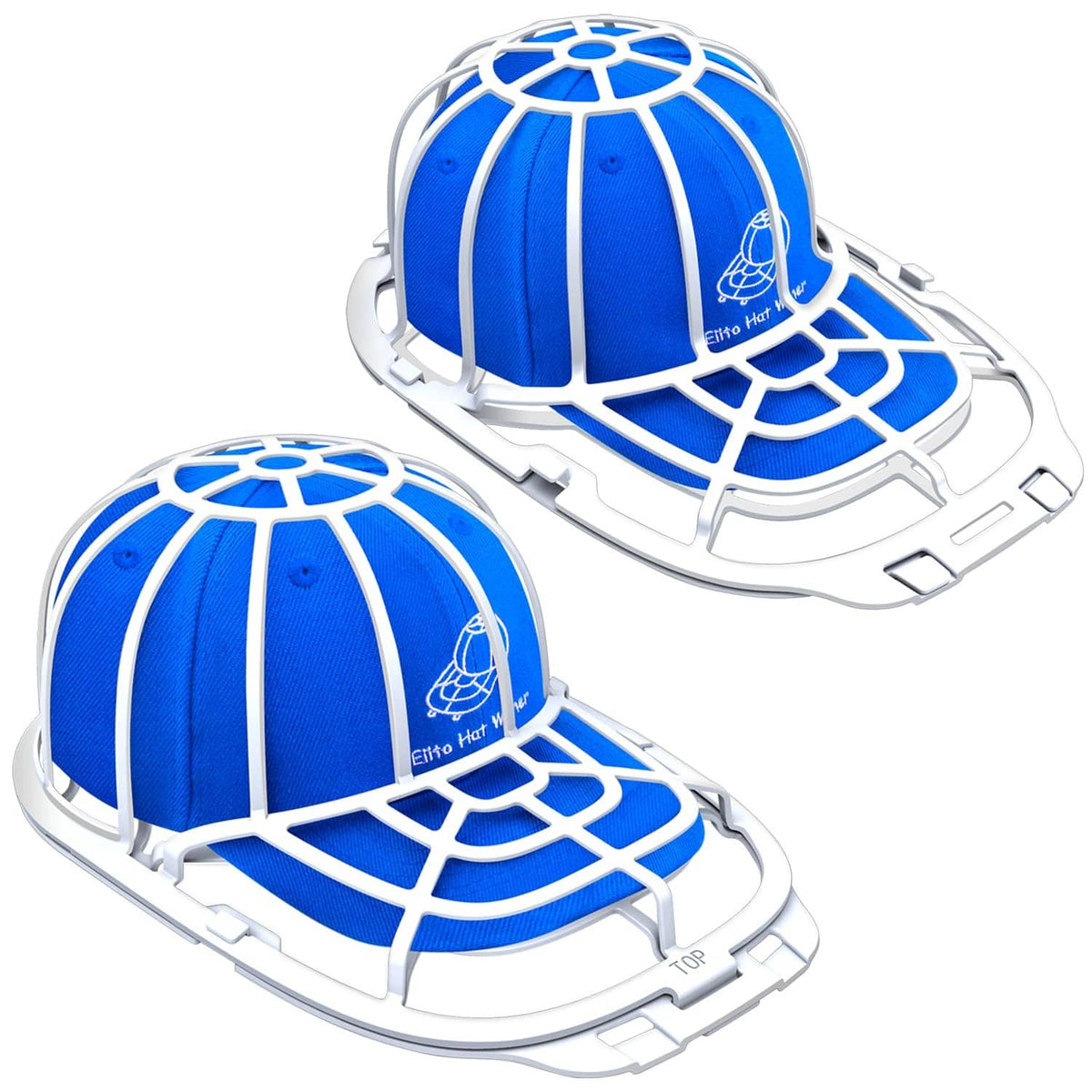 Hat washer frame set holding two blue baseball caps in white plastic washers