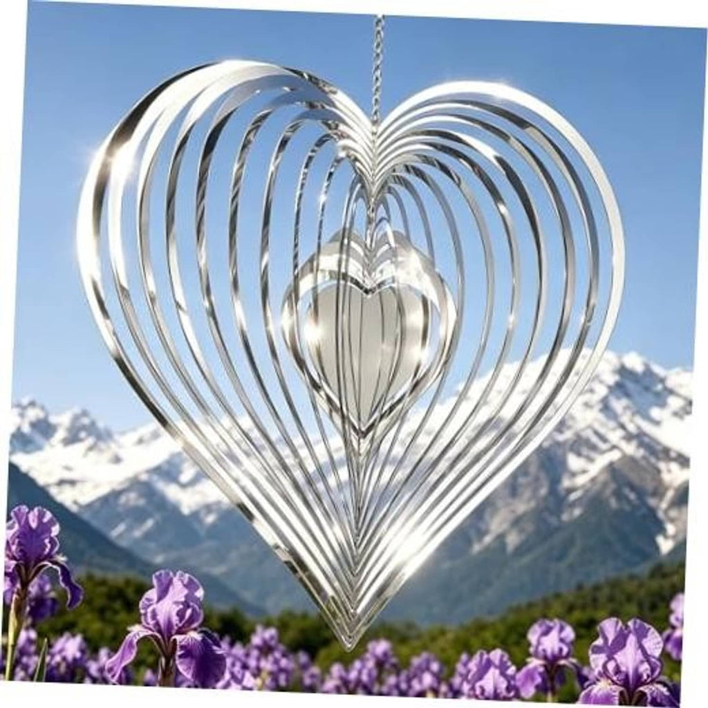 Reflective silver heart wind spinner with hanging chain and concentric metal rings