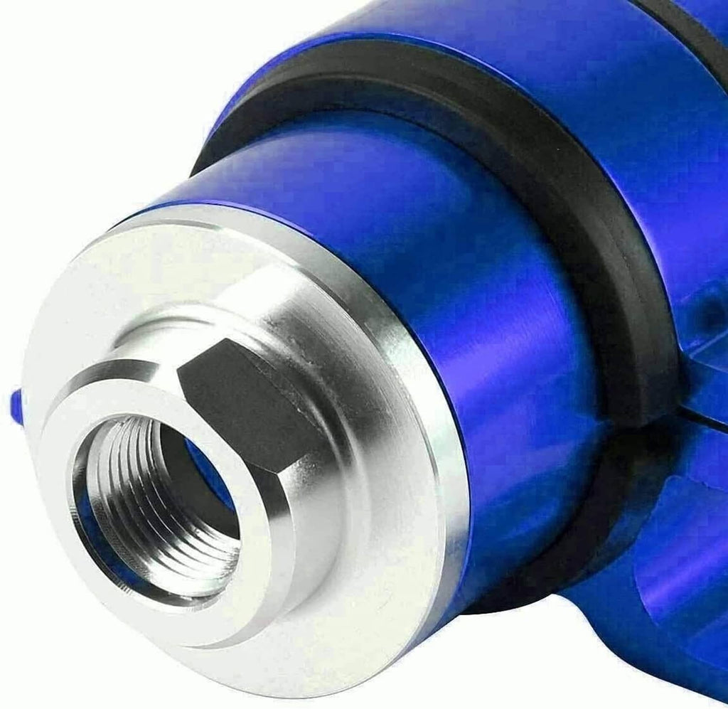 Close-up of blue inline fuel filter housing with black seal ring and AN threads