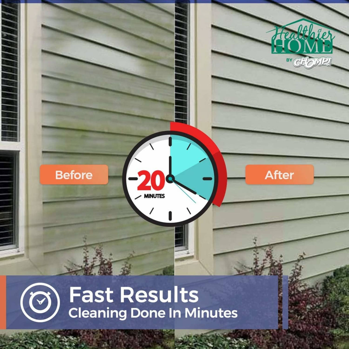 Home siding cleaning before-and-after comparison with a 20-minute timer graphic
