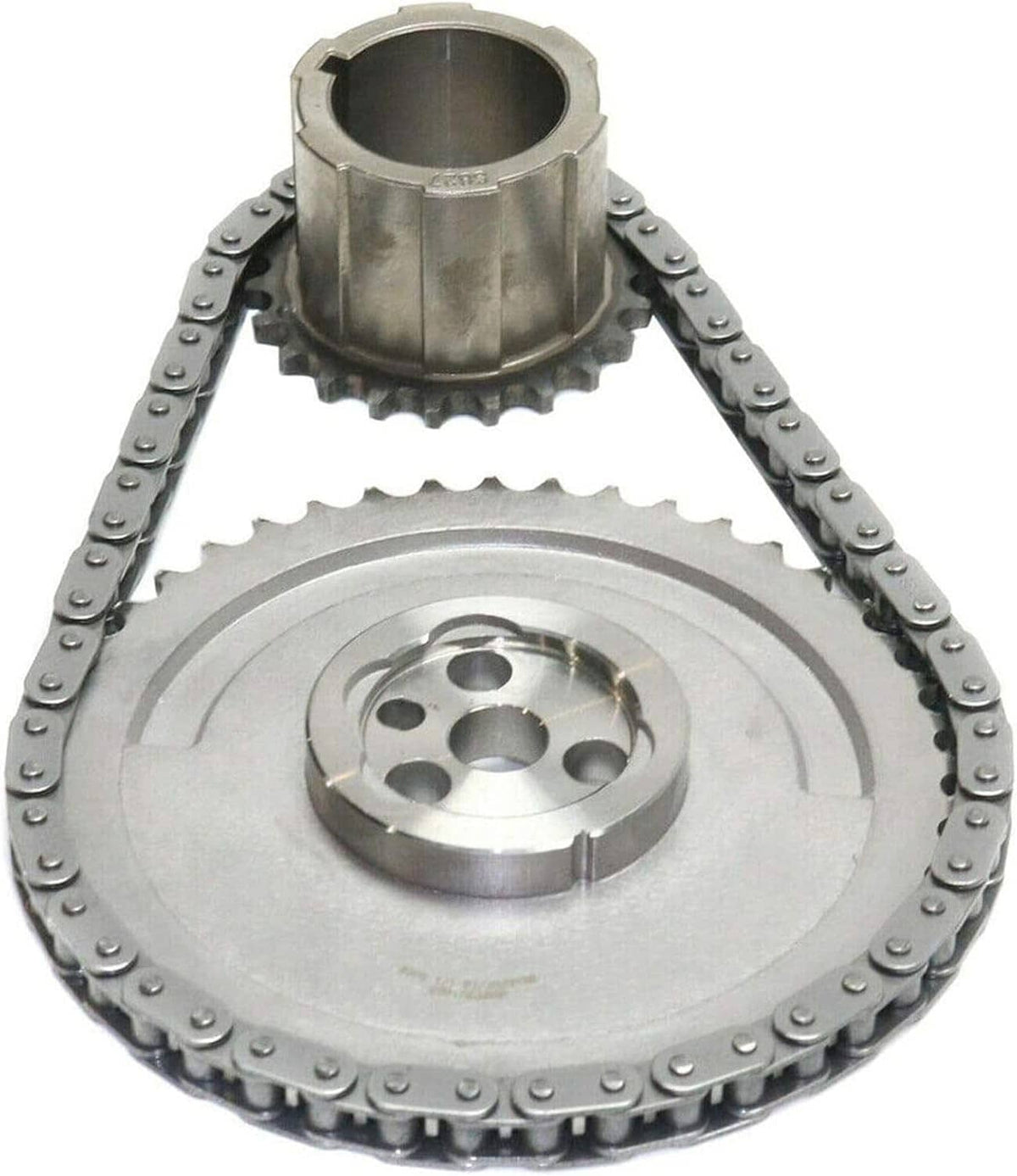Steel timing gear sprocket and chain assembly with drive wheel and link chain