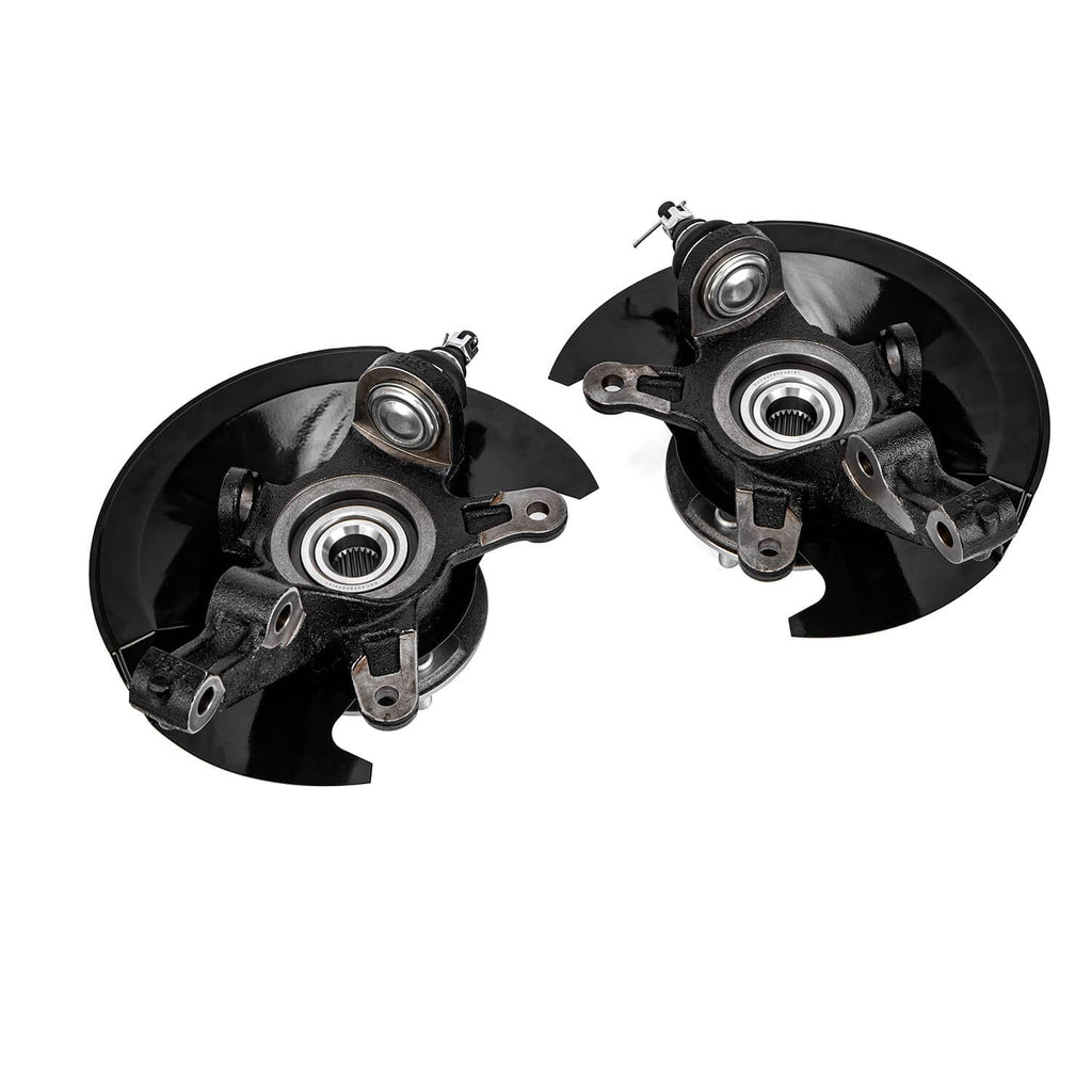 Pair of front wheel hub bearing knuckle assemblies, three-quarter view with rotor shield