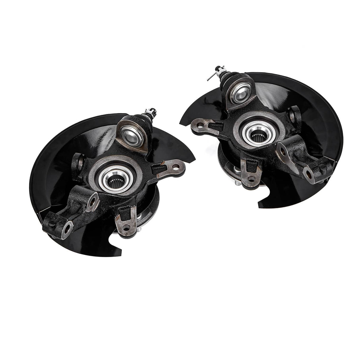 Pair of front wheel hub bearing knuckle assemblies, three-quarter view with rotor shield