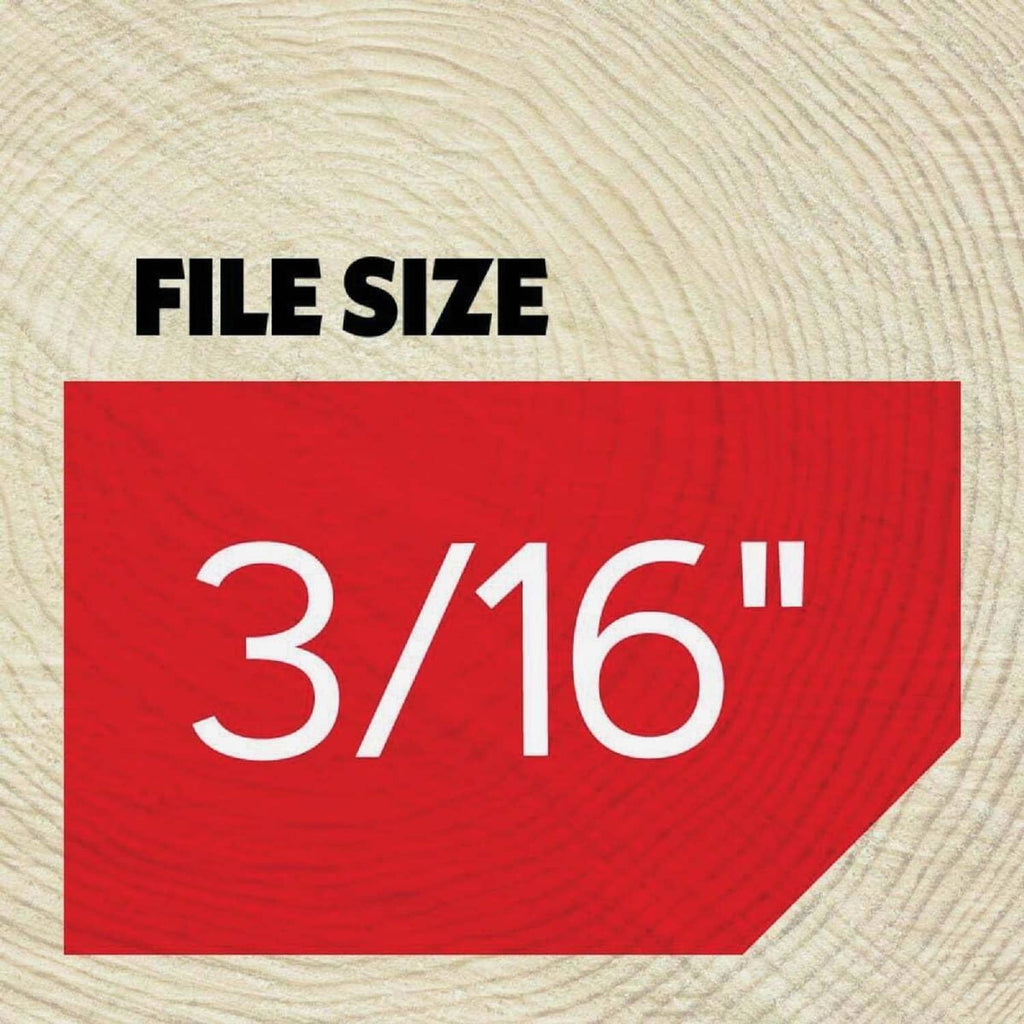 Chainsaw chain spec card showing file size 3/16 inch in red and black.