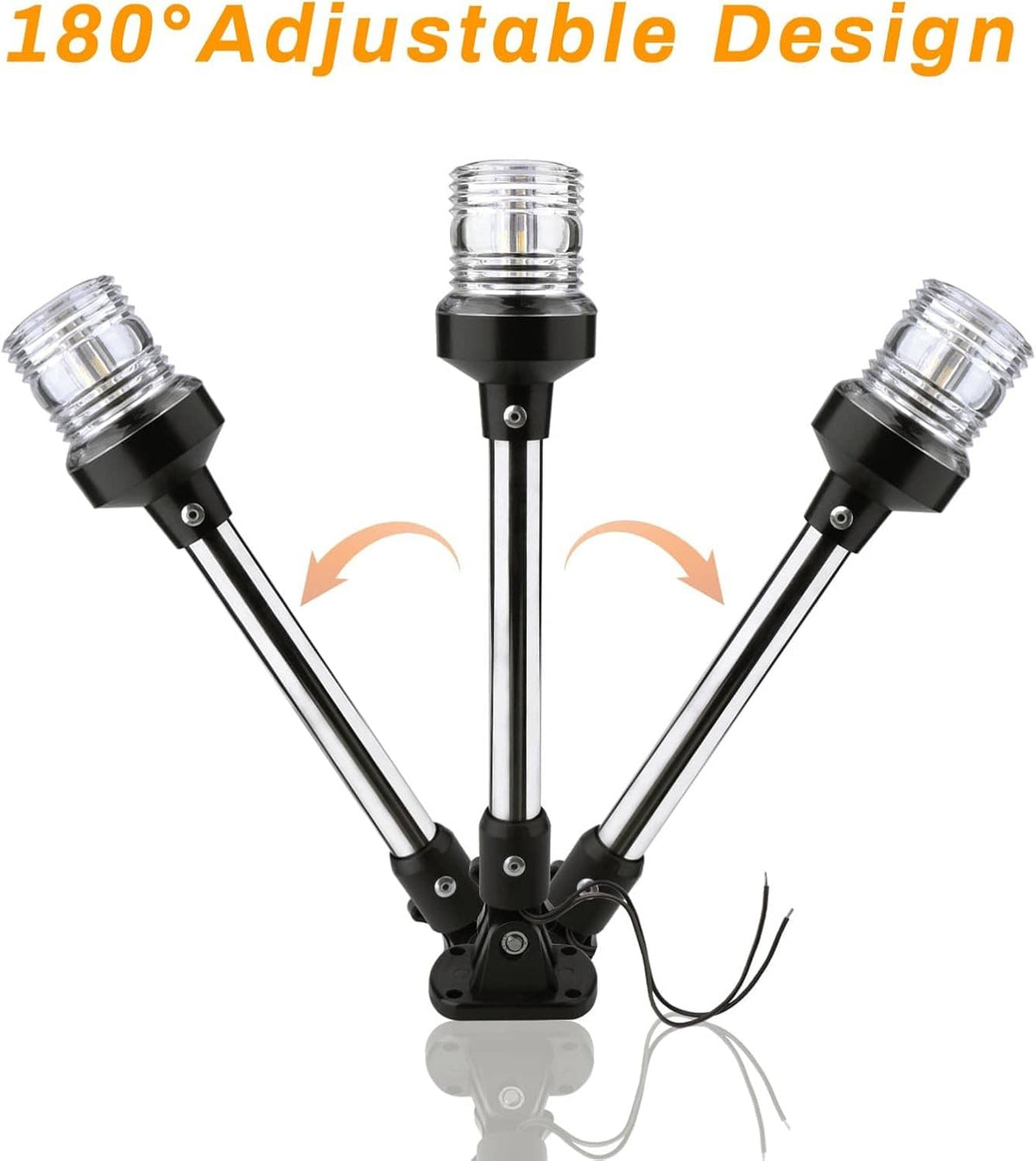Adjustable dual-head LED anchor light with chrome poles, clear lenses, and black base