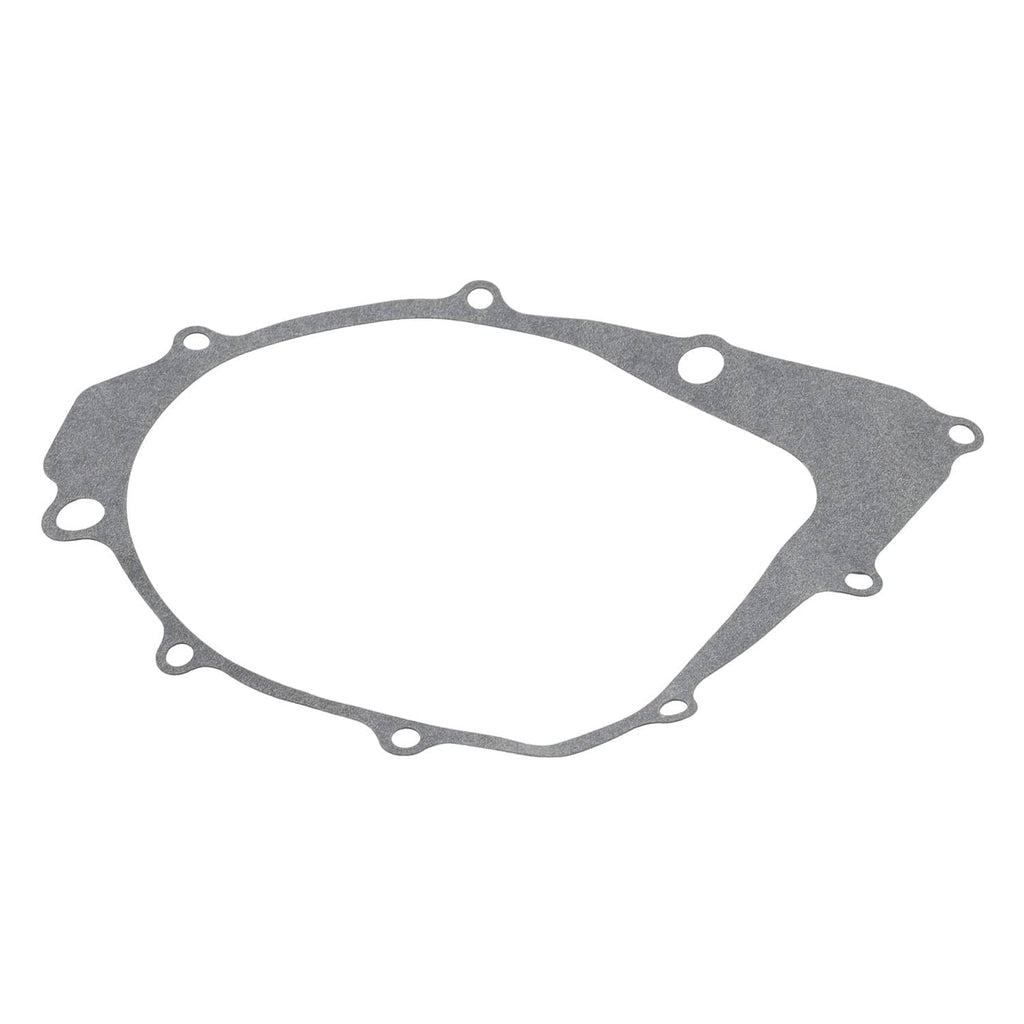 Gray stator gasket with multiple mounting holes, oval engine cover shape