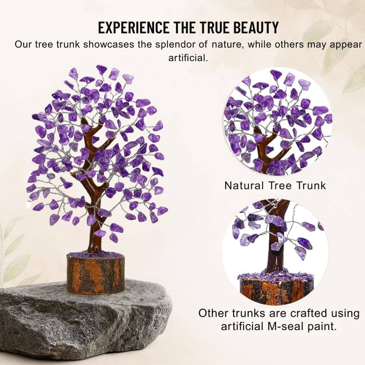 Amethyst crystal tree on a dark stone base with purple gem leaves and wooden trunk