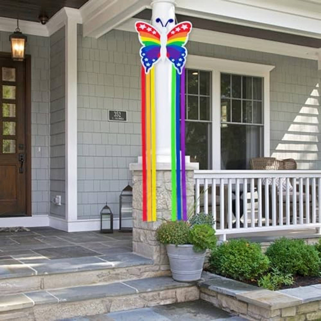 Hanging butterfly windsock with rainbow ribbon streamers and star-spangled wings
