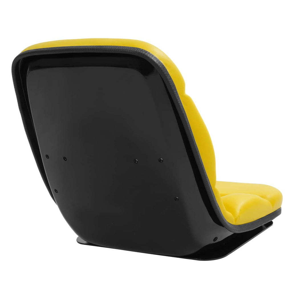 Yellow and black tractor seat with angled backrest and side cutouts