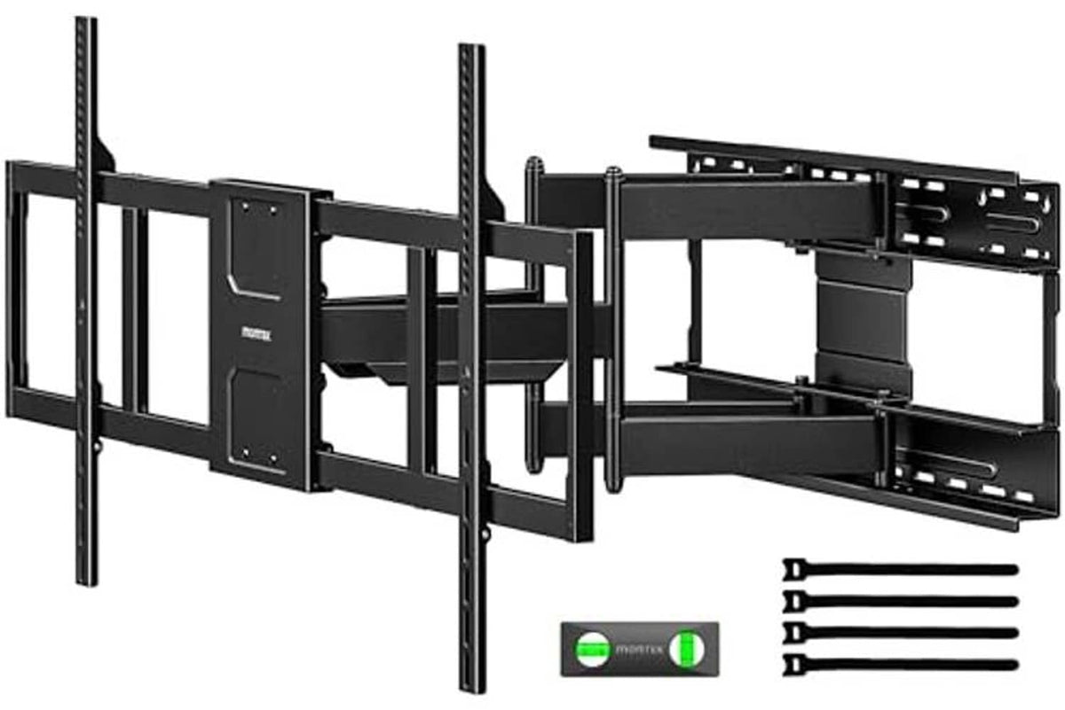 Heavy-duty TV wall mount bracket with extended rails and adjustable mounting arms