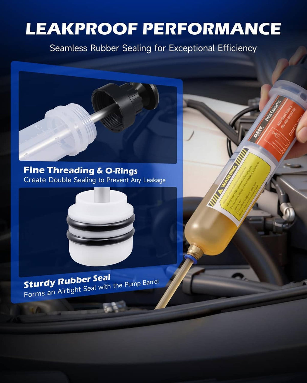 Manual fluid extractor and filler with black seal cap and orange-and-clear syringe body