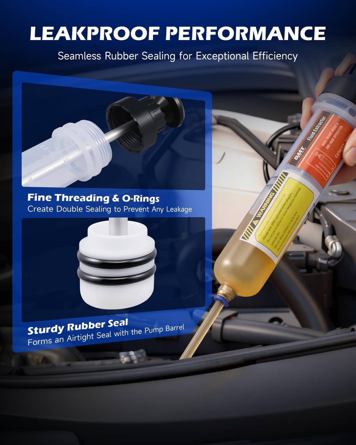 Manual fluid extractor and filler with black seal cap and orange-and-clear syringe body