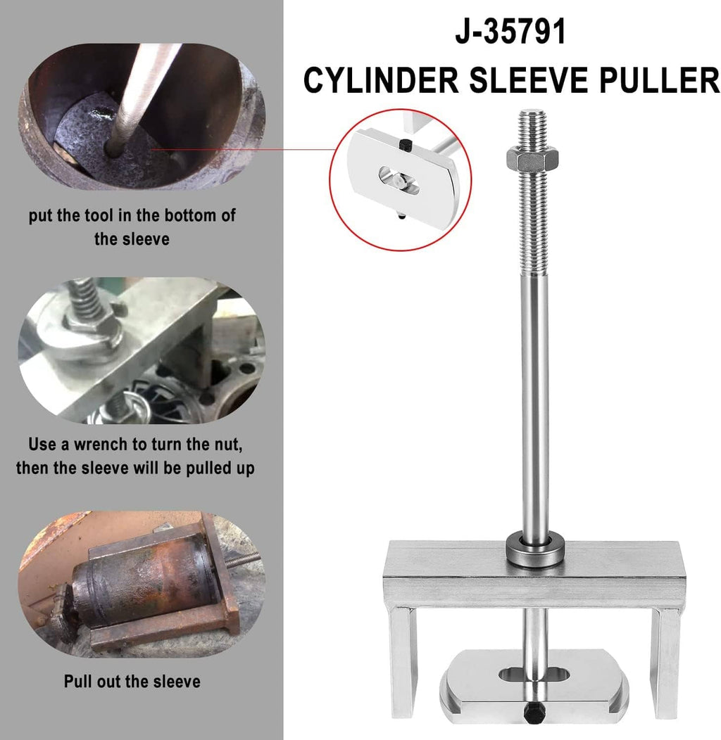 Cylinder sleeve puller tool clamp with threaded rod and forked handle