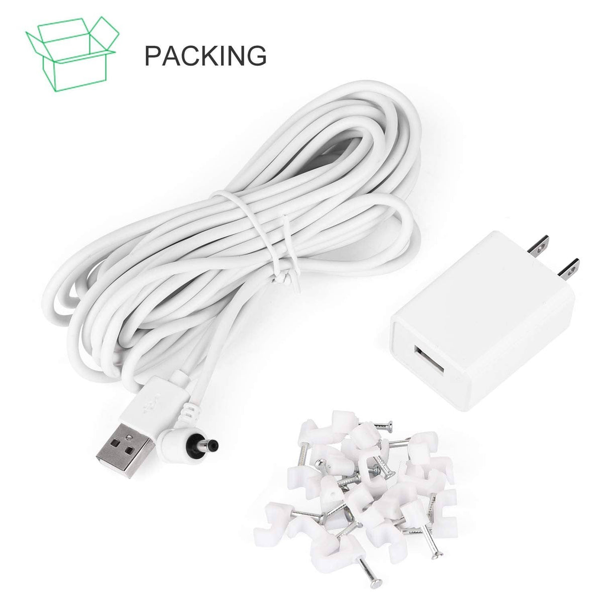 Alertcam power adapter kit with coiled USB cable, wall charger, and mounting screws