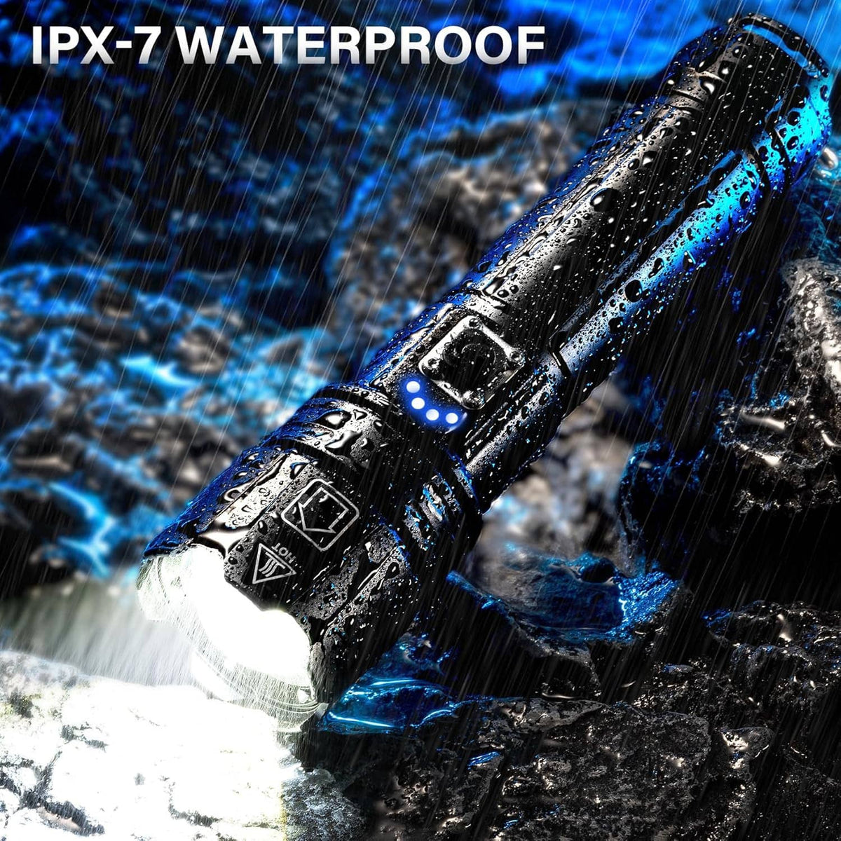 Black waterproof rechargeable LED flashlight with water spray and glowing blue LED