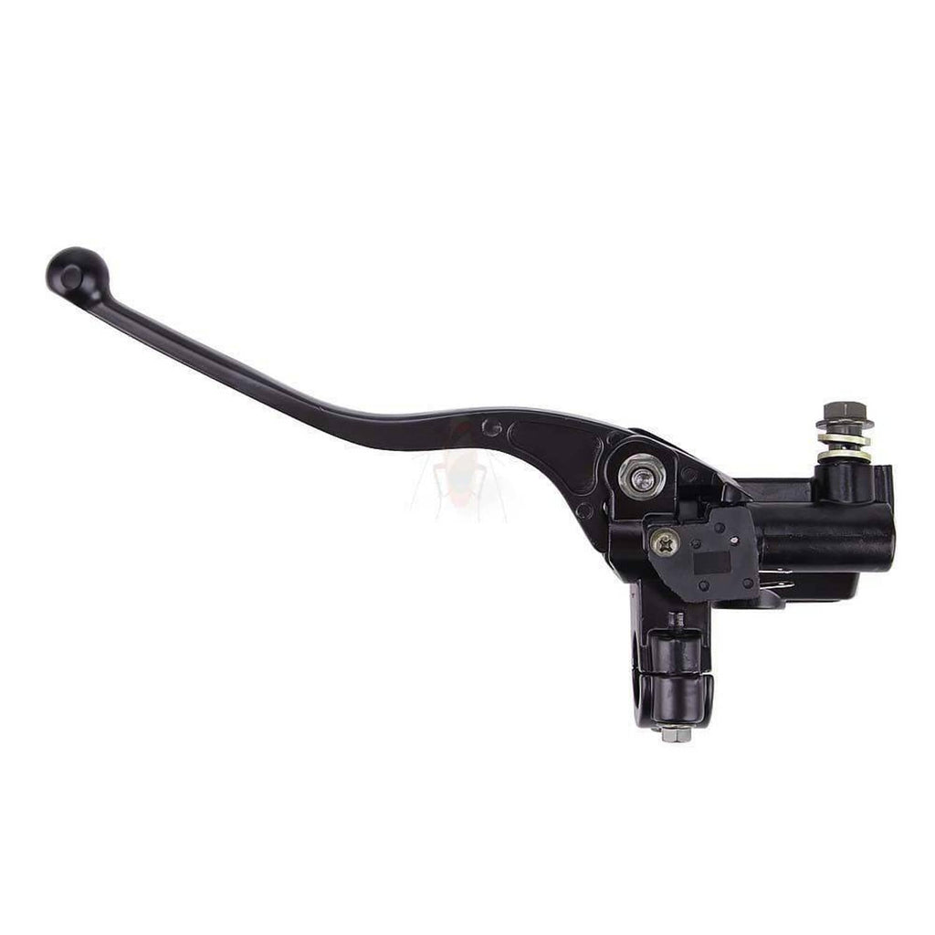 Black brake master cylinder with lever and side-mounted reservoir housing