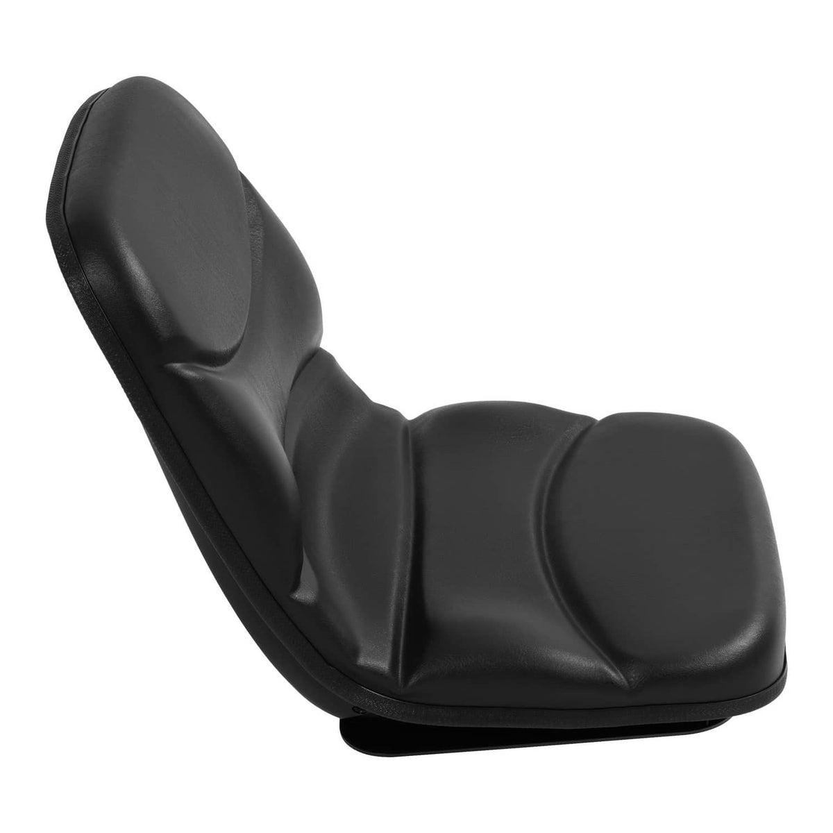Black tractor seat with high backrest and molded armrest, padded cushioning.