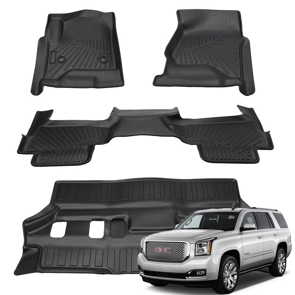 Set of black TPE all-weather floor mats with raised 3D channels and borders