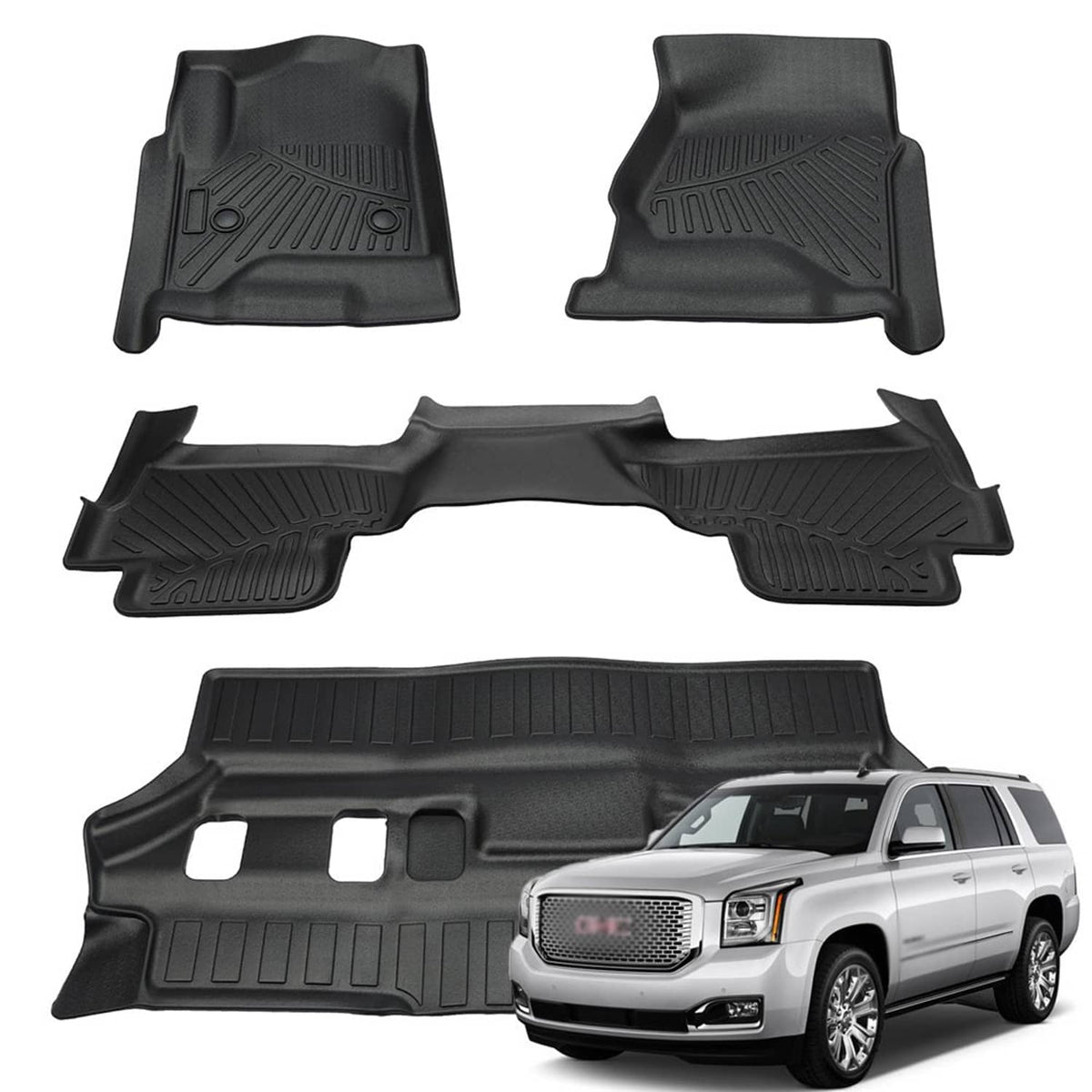 Set of black TPE all-weather floor mats with raised 3D channels and borders