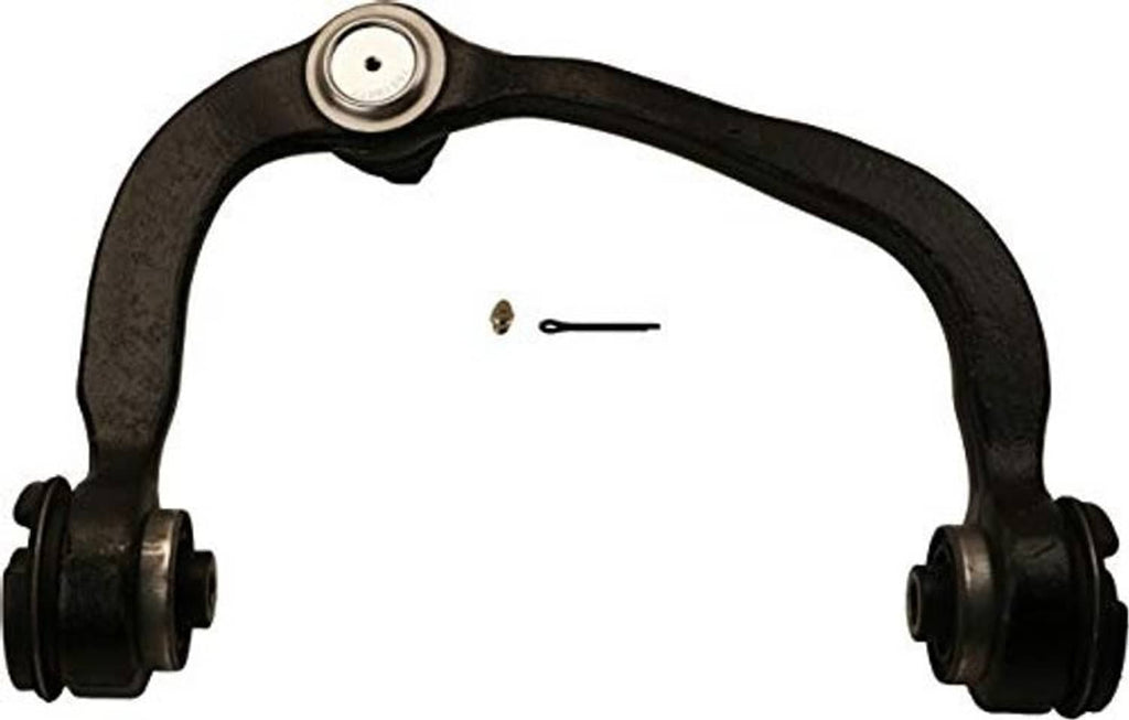 Front upper control arm with ball joint housing and two end bushings, black steel
