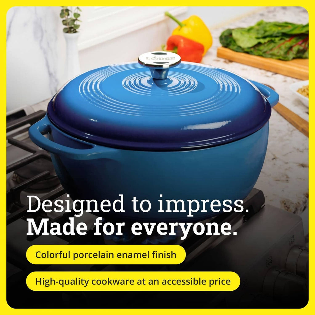 Caribbean blue enamel cast iron Dutch oven with lid on stovetop, side handles