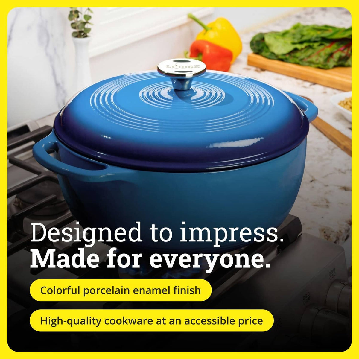 Caribbean blue enamel cast iron Dutch oven with lid on stovetop, side handles