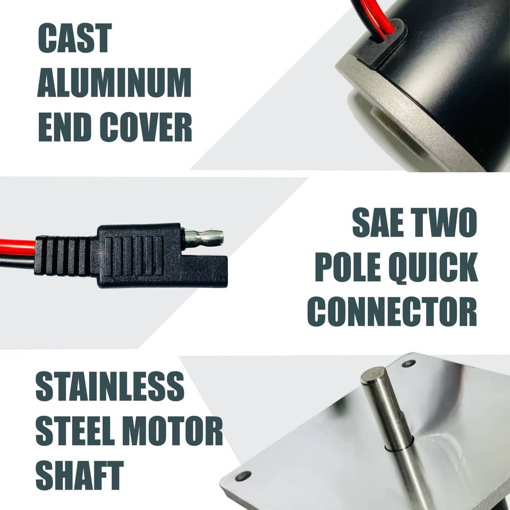 Salt spreader motor with cast aluminum end cover, stainless shaft, and quick-connect wiring