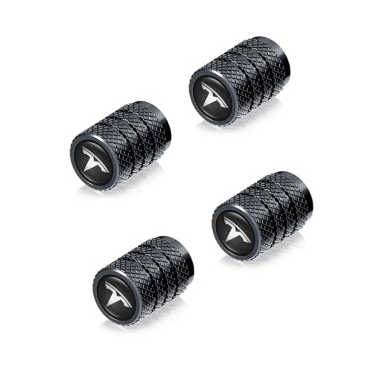 Five black textured tire valve stem caps with V-emblem tops