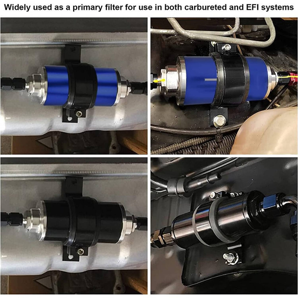 Inline fuel filter installed in a fuel line, showing AN-style fittings on black housing.