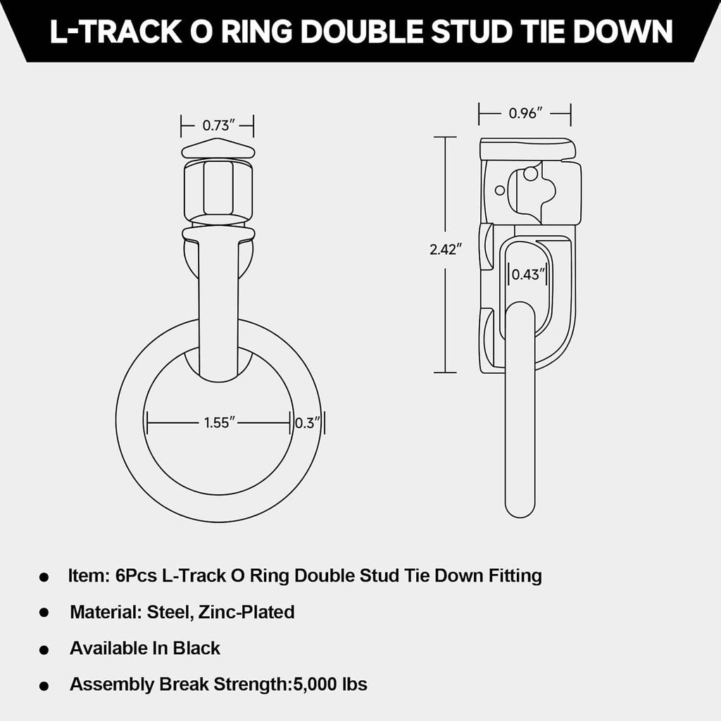 Black O-ring double-stud L-track tie-down fitting, size diagram view